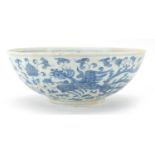 Chinese blue and white porcelain bowl hand painted with dragons and phoenixes amongst flowers, six