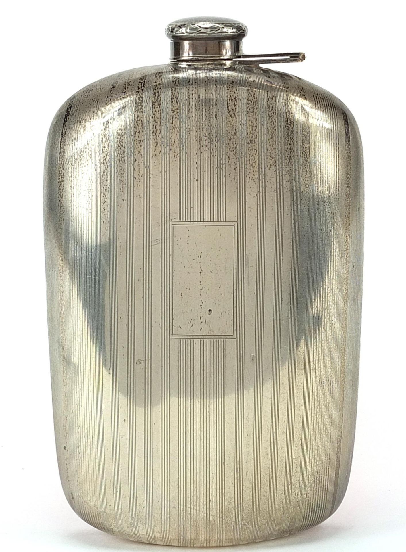 Art Deco Napier sterling silver hip flask with engine turned decoration, 16cm high, 173.5g