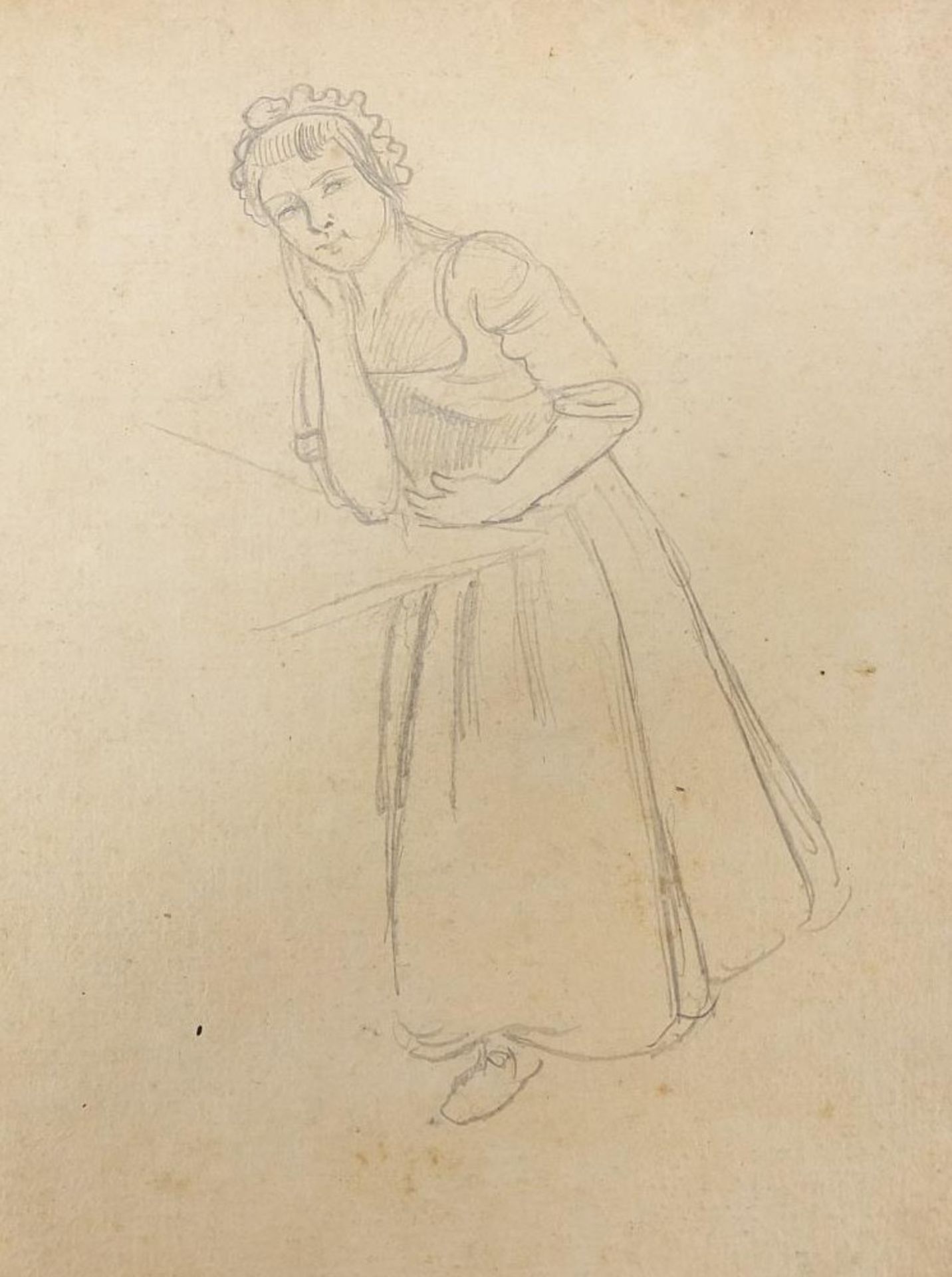 School of George Hayter - Females wearing antique dress and interior scene, four pencil drawings - Image 11 of 13