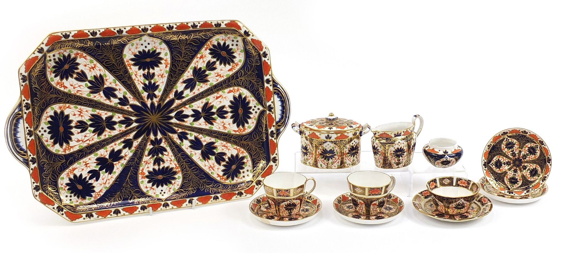 Royal Crown Derby Imari pattern teaware including a twin handled tray, sugar bowl with cover and