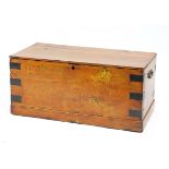 Antique metal bound pine trunk with carry handles, 40cm H x 89cm W x 44cm D