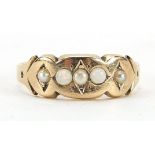9ct gold opal and pearl five stone ring, size M, 1.6g