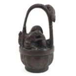 Chinese wood carving of rats in a basket, 36cm high