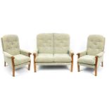 Mahogany framed two seater settee and two matching armchairs, the settee 122cm wide