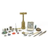 Antique and later objects including brass corkscrew, silver Yard-O-Led propelling pencil, sterling