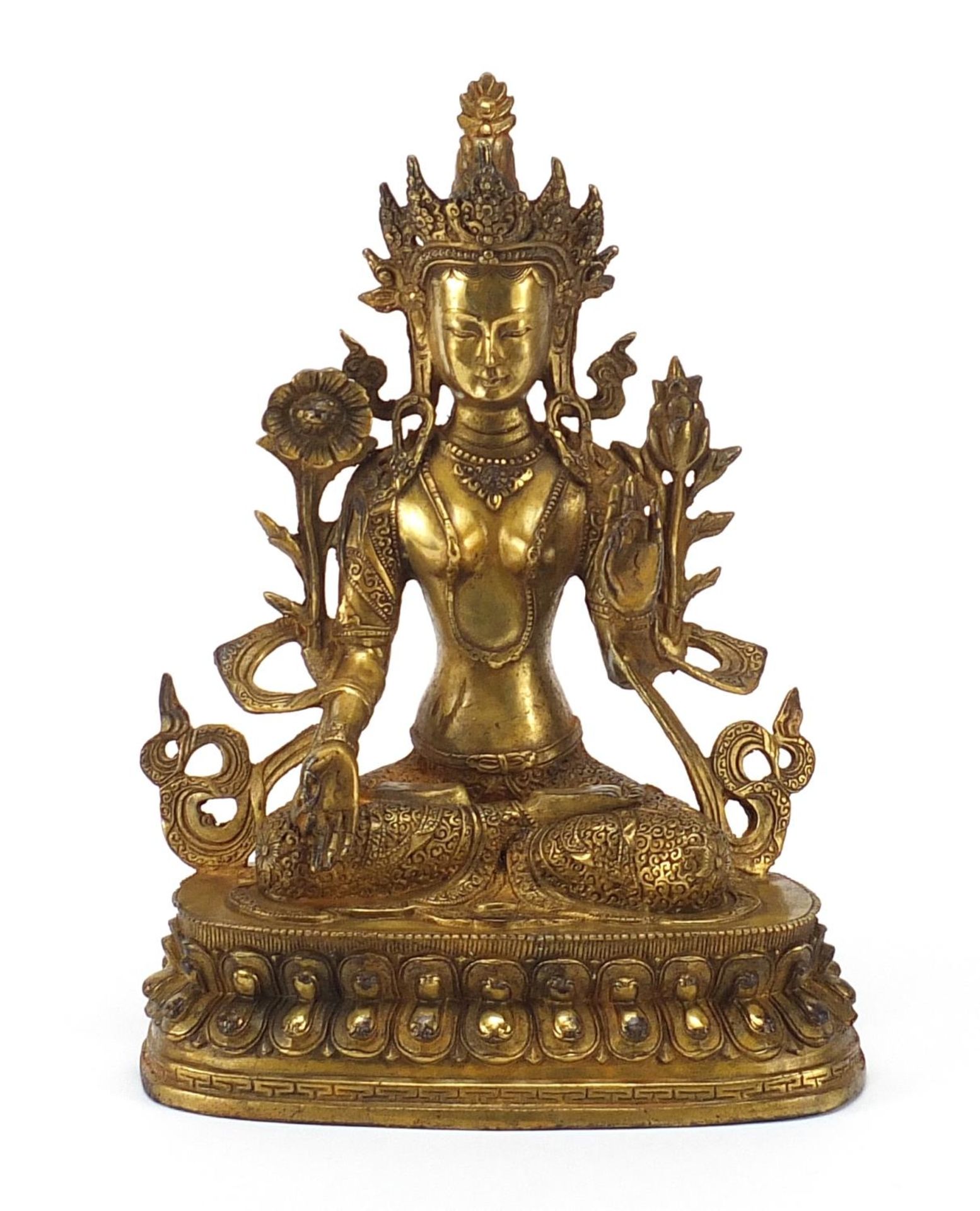 Chino Tibetan gilt bronze figure of seated Buddha, 28.5cm high