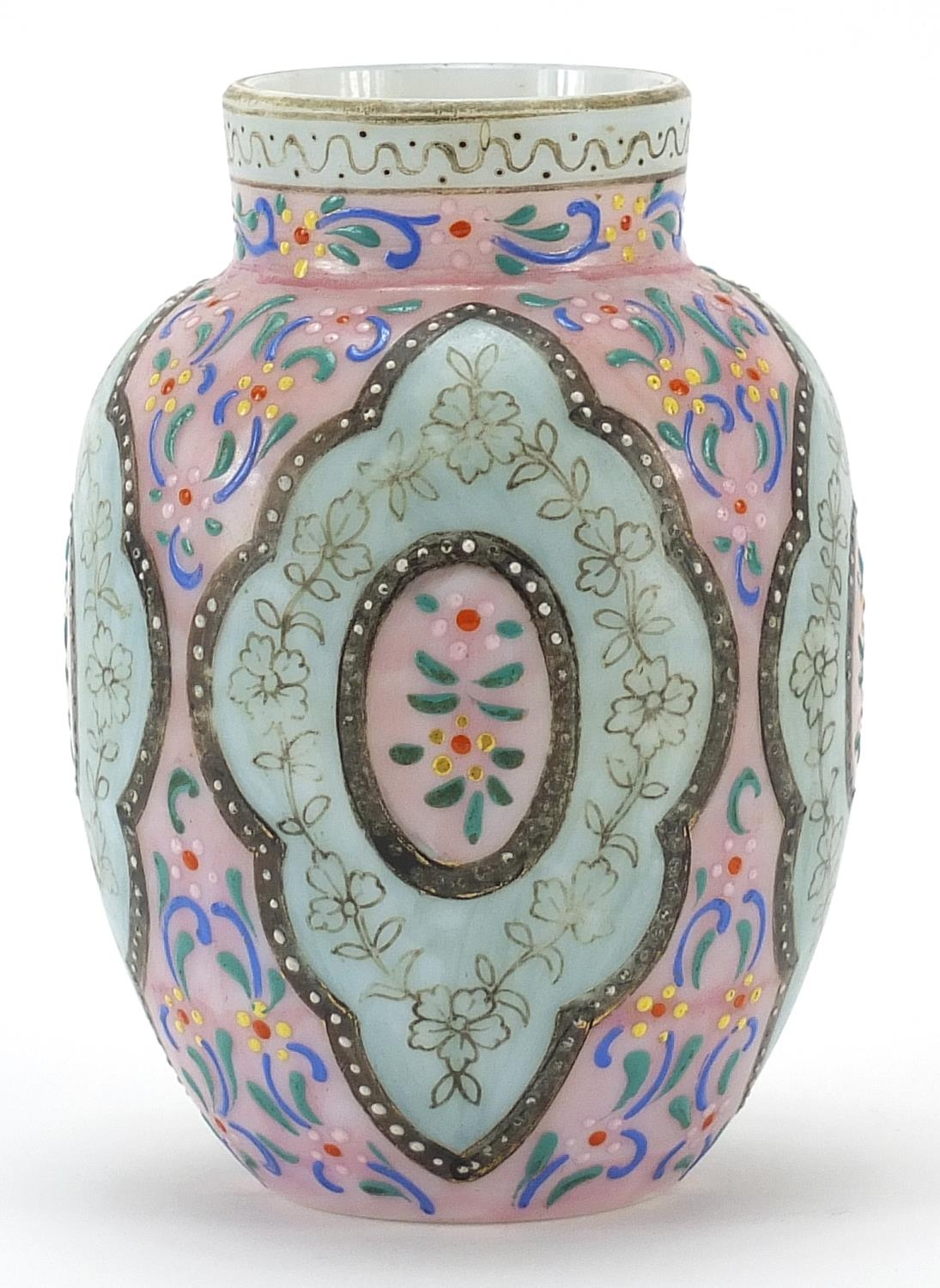 19th century opaque glass vase hand painted in the Islamic manner with flowers, 12.5cm high - Image 2 of 3