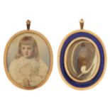 19th century oval portrait miniature of a female, housed in an unmarked gold mourning pendant