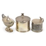 Three antique and later silver mustards with glass liners and two silver plated spoons, the