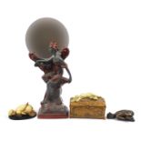 Art Nouveau style figurines including a mirror and box with lift off lid, the mirror 55cm high