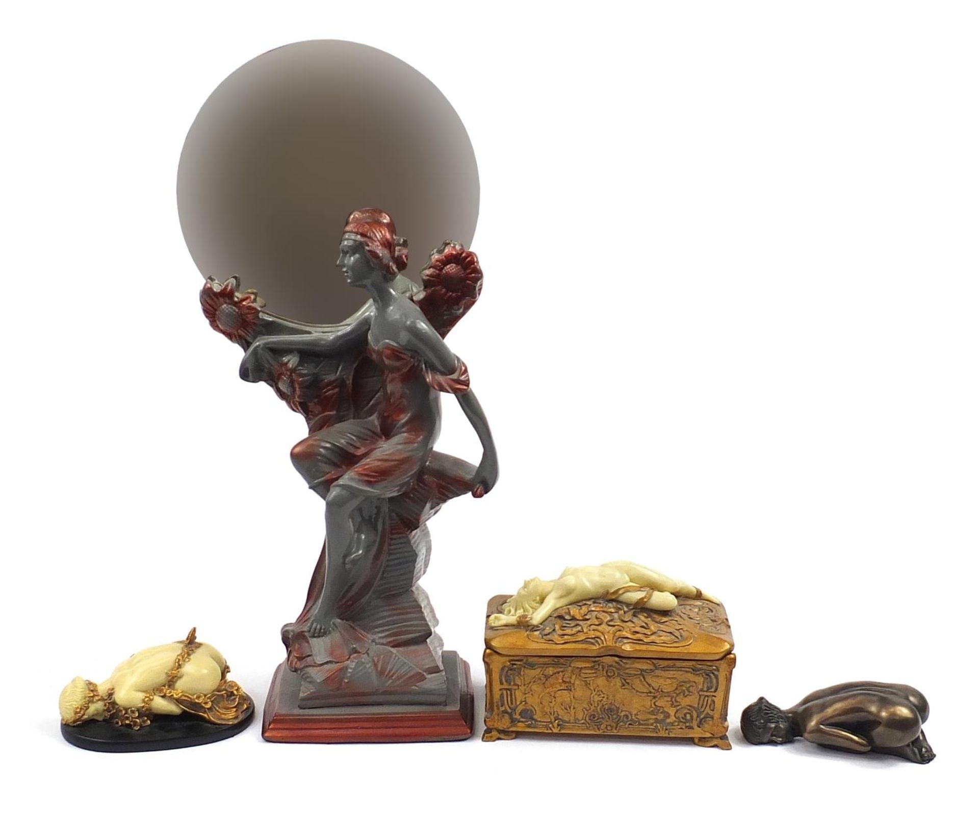 Art Nouveau style figurines including a mirror and box with lift off lid, the mirror 55cm high