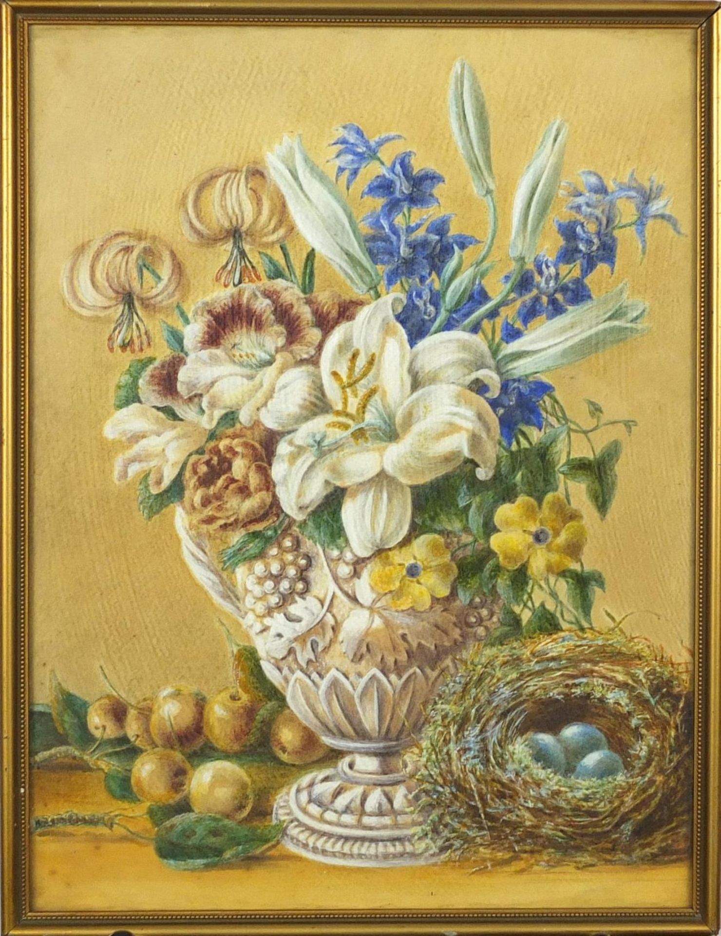 Still life flowers and birds nest, watercolour, framed and glazed, 32cm x 24cm excluding the frame - Image 2 of 3