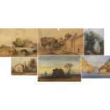 Landscapes, cottages and figures, six 19th century and later watercolours including one inscribed