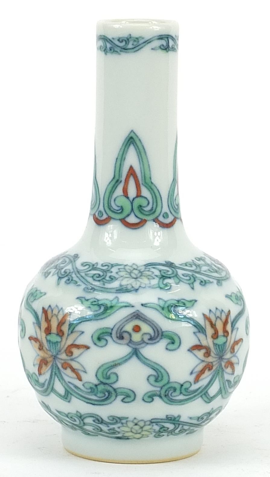 Chinese doucai porcelain vase hand painted with flower heads amongst scrolling foliage, six figure - Image 2 of 3