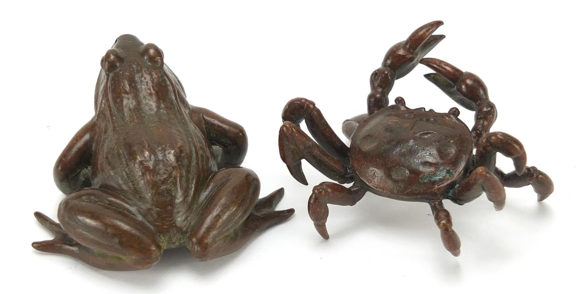 Two Japanese patinated bronze animals comprising frog and crab, each with impressed marks, the - Image 2 of 4