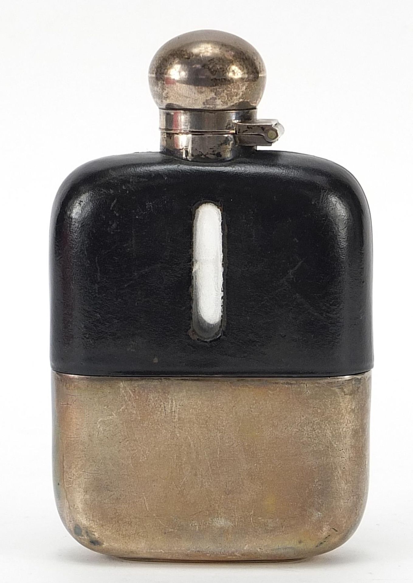 James Dixon & Sons Ltd, George V silver, leather and glass hip flask with detachable cup, - Image 2 of 5