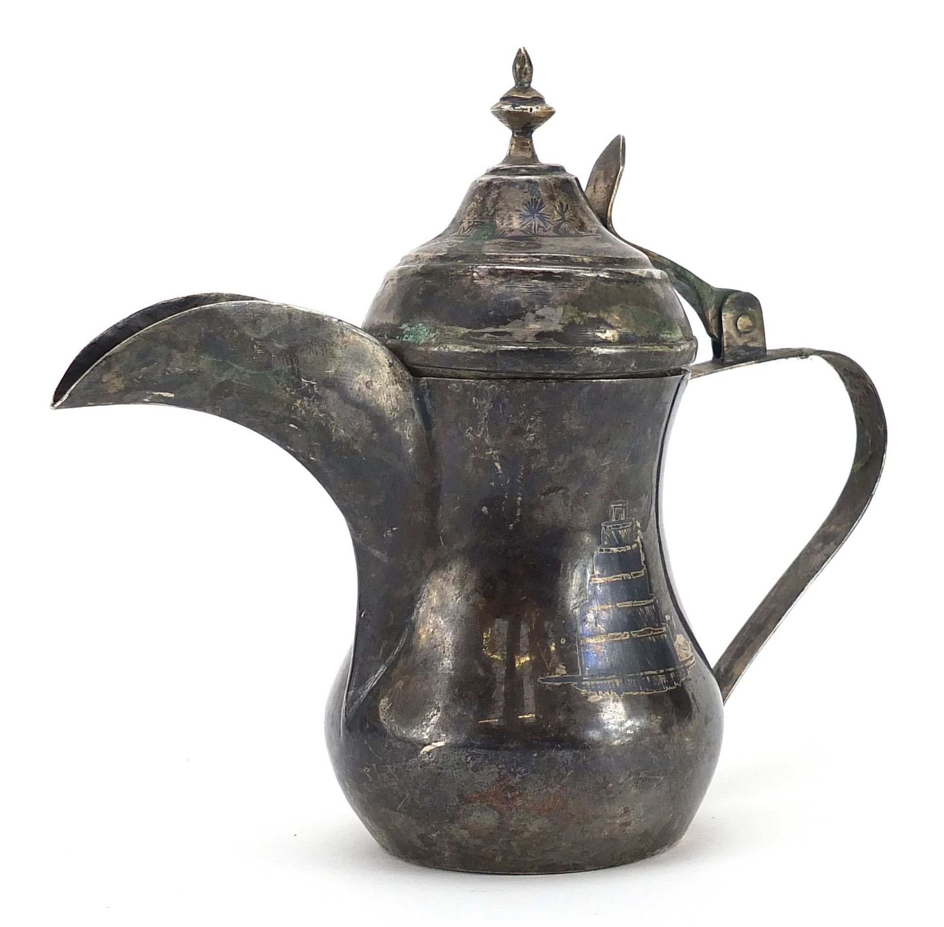 Egyptian silver niello work coffee pot, 17cm in length, 182.5g