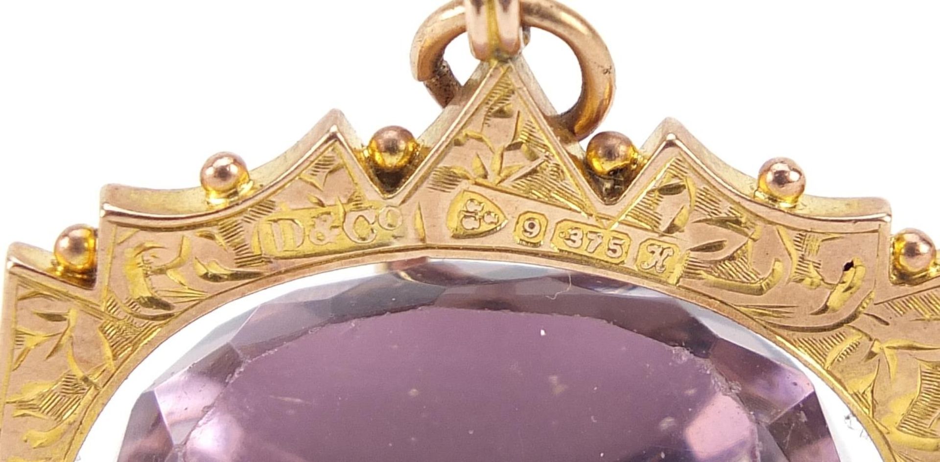 Edwardian 9ct gold amethyst spinner fob, Chester 1910, 3.2cm wide, 12.9g - Image 4 of 4