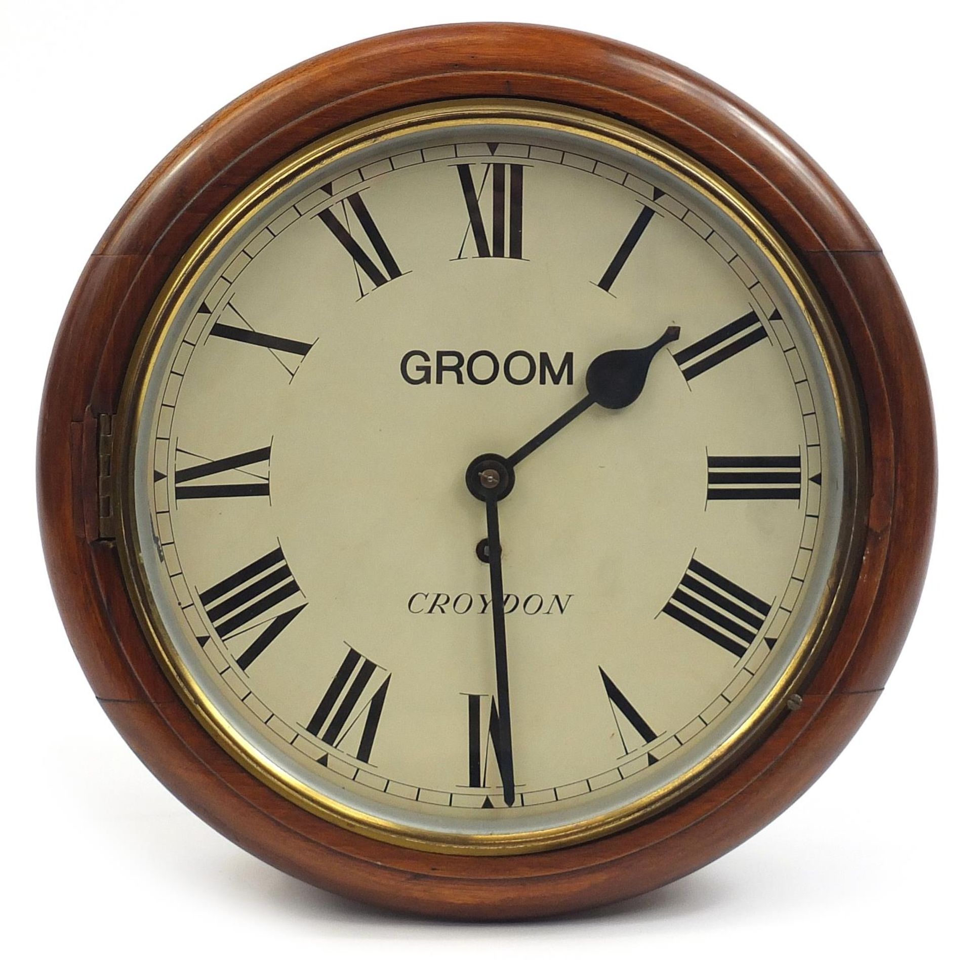 Victorian mahogany wall clock, the dial inscribed Groom, Croydon, 38cm in diameter