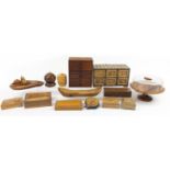 Wooden boxes and treen objects including a specimen chest, Vizagapatam box, Sorrento ware,