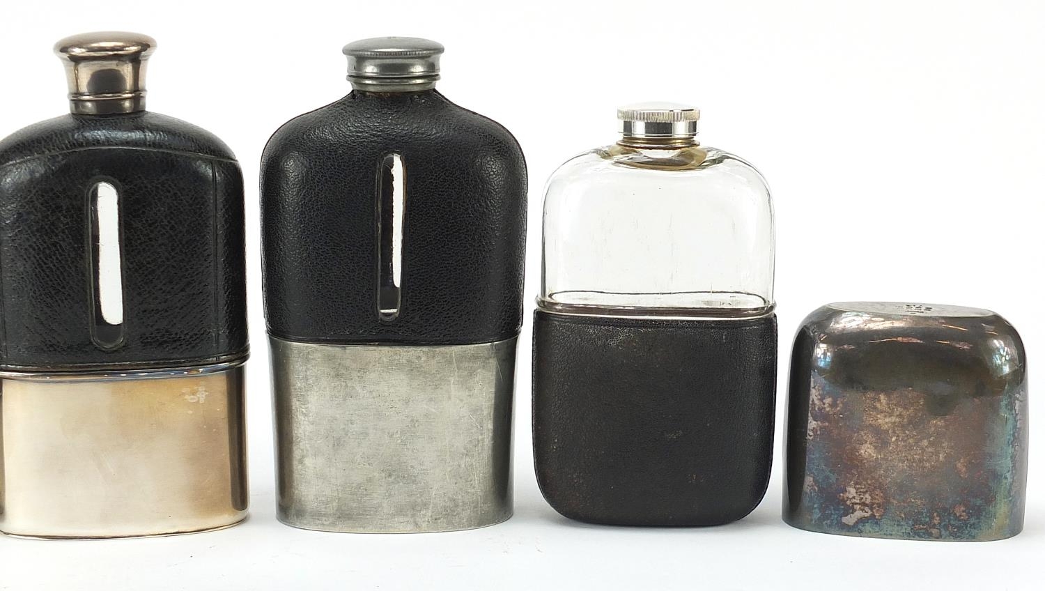 Six antique and later hip flasks, five with leather mounts, the largest 18cm high - Image 3 of 8