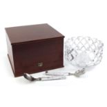 Gunnar Cyren for Orrefors, Swedish cut crystal salad bowl with servers housed in a mahogany case,