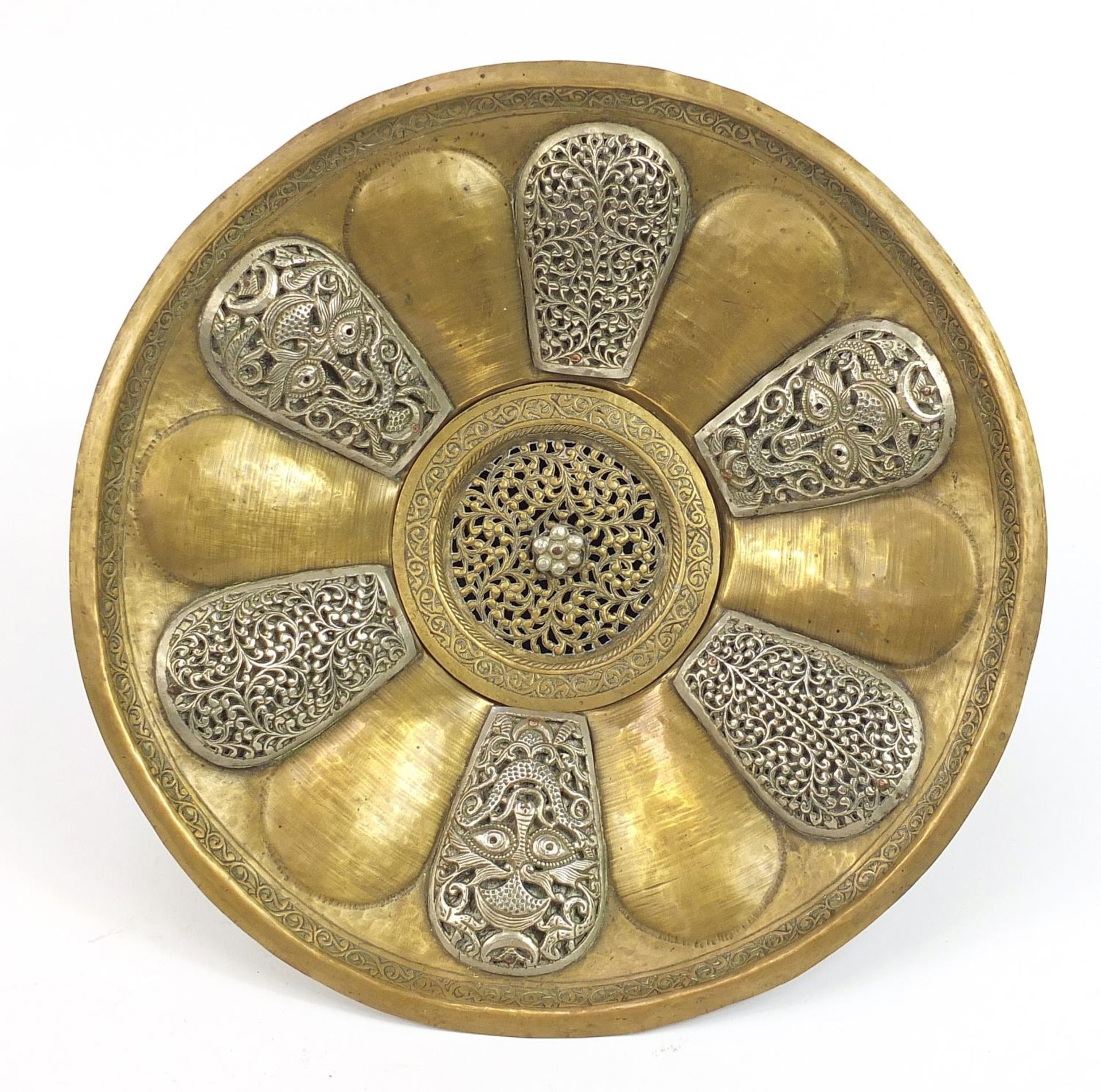 Islamic bronze incense burner with silver overlay and pierced lid, 31cm in diameter - Image 3 of 4