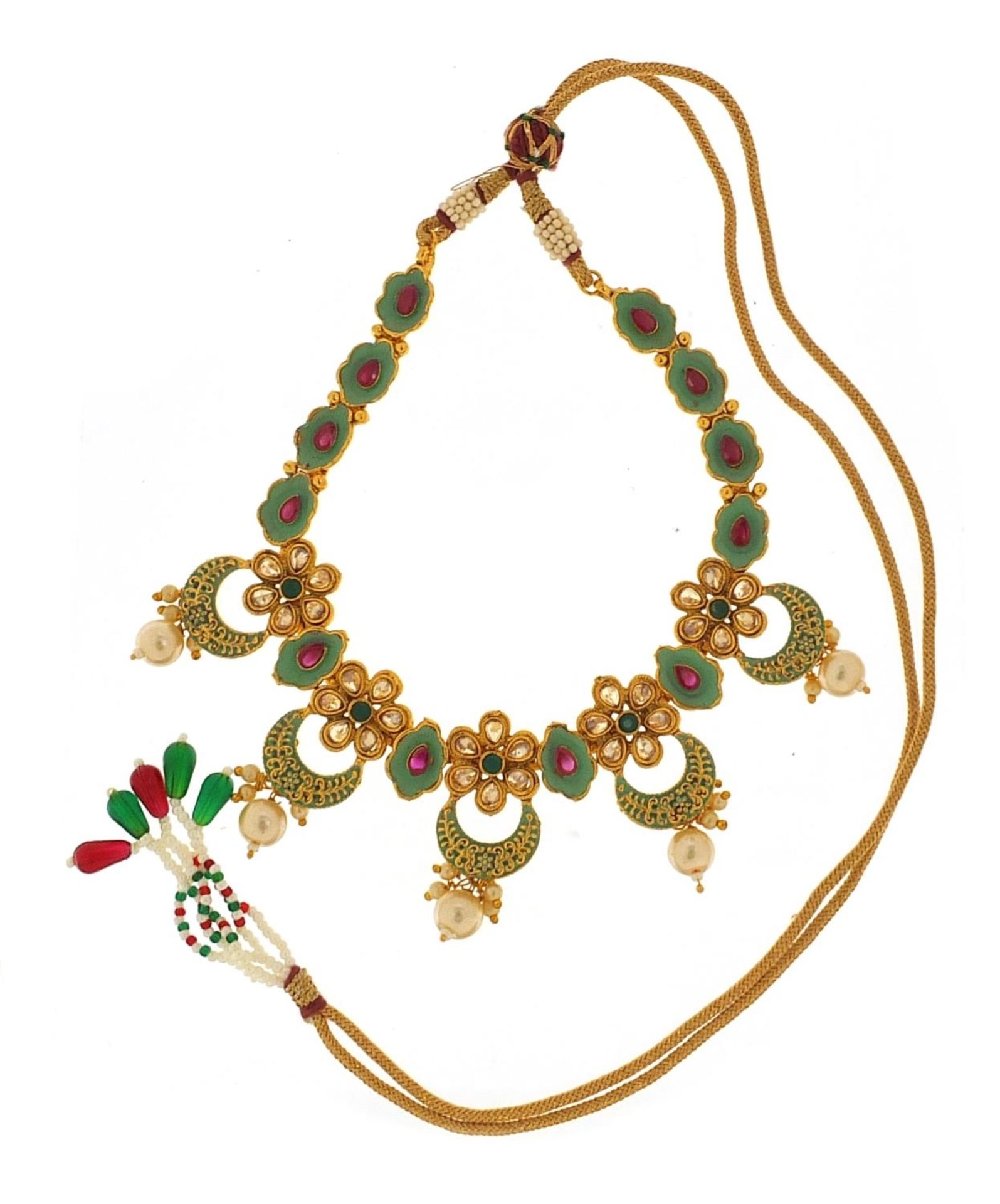 Islamic gilt metal, enamel and beadwork necklace with matching earrings, the necklace 80cm in length - Image 5 of 7
