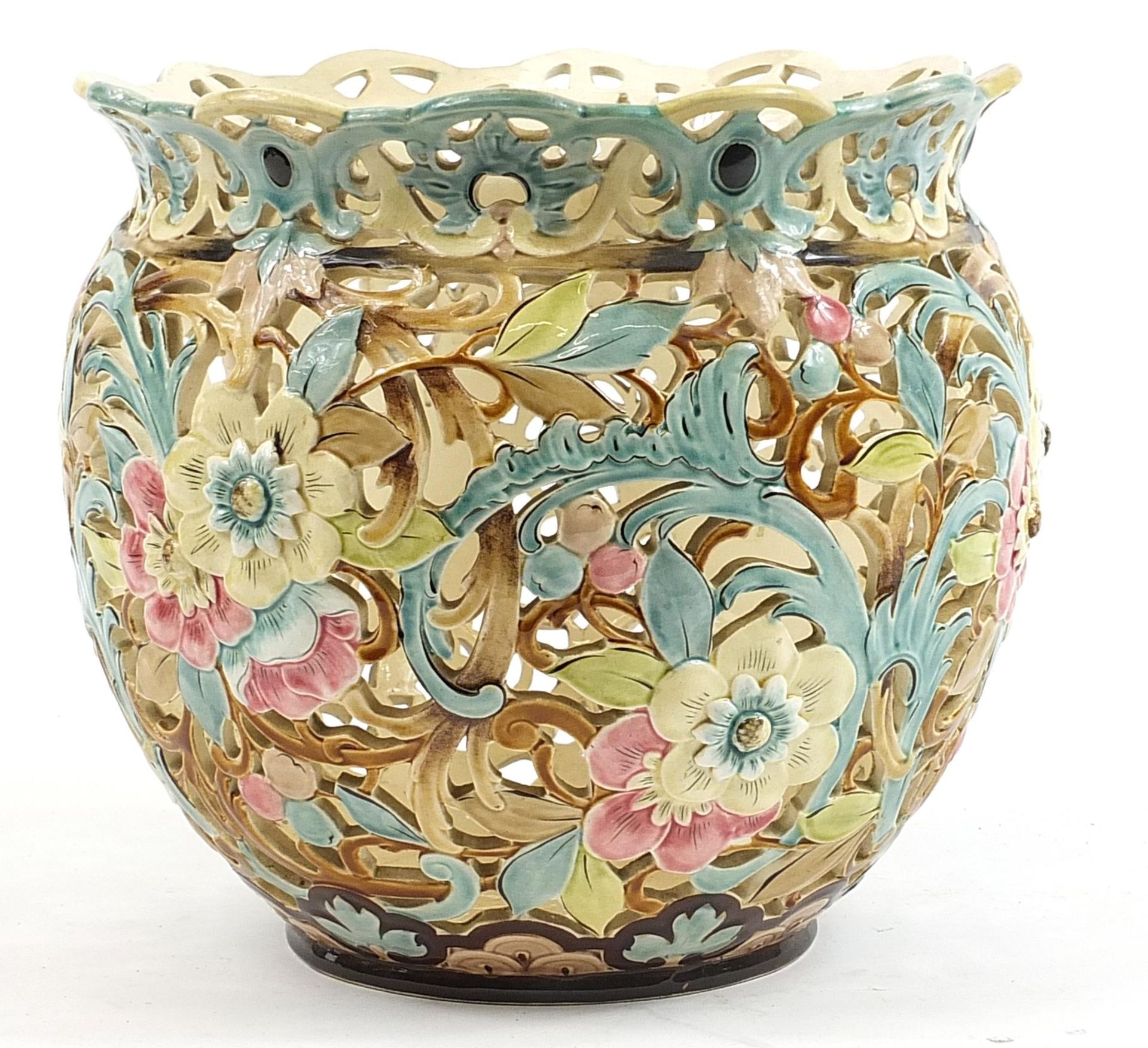 Continental pierced porcelain flower pot jardiniere in the style of Zsolnay Pecs, 35.5cm high x 35. - Image 2 of 3