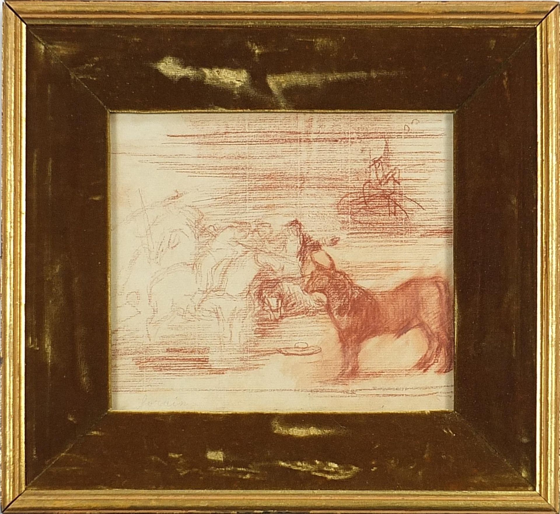 Figures on horseback and figures fighting, two sanguine chalks, one signed Forian, mounted and - Image 6 of 8