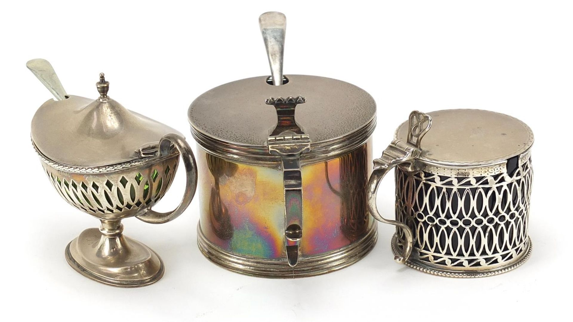 Three antique and later silver mustards with glass liners and two silver plated spoons, the - Image 2 of 4