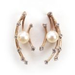 Pair of 9ct rose gold pearl and diamond drop earrings, 2.2cm high, 3.0g