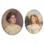 Two Edwardian oval portrait miniatures of females, housed in pendant mounts, one unmarked silver,