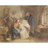 Interior scene with figures mourning, 19th century watercolour on card, unframed, 34.5cm x 27.5cm