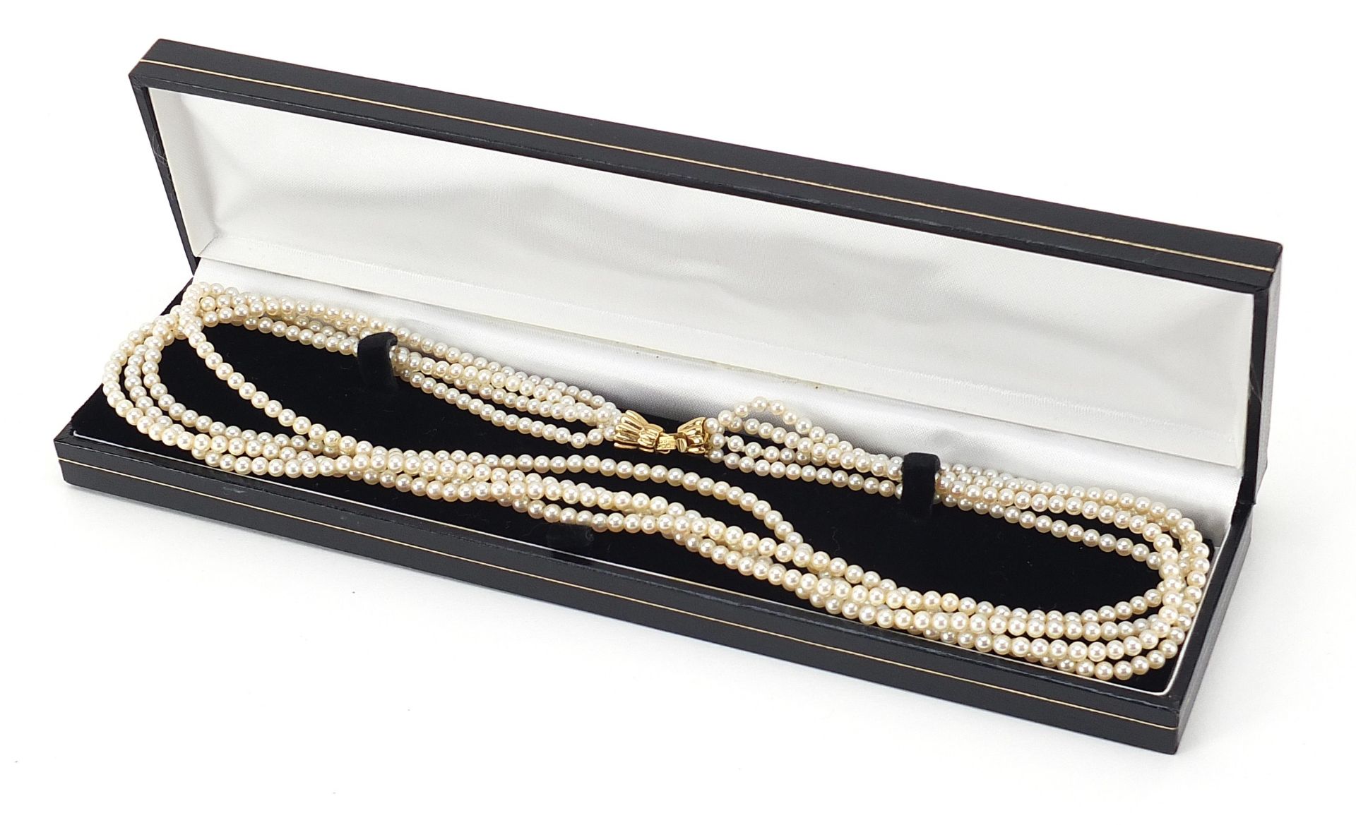 Mappin & Webb four row pearl necklace with 18ct gold clasp, 45cm in length, 29.0g - Image 4 of 5