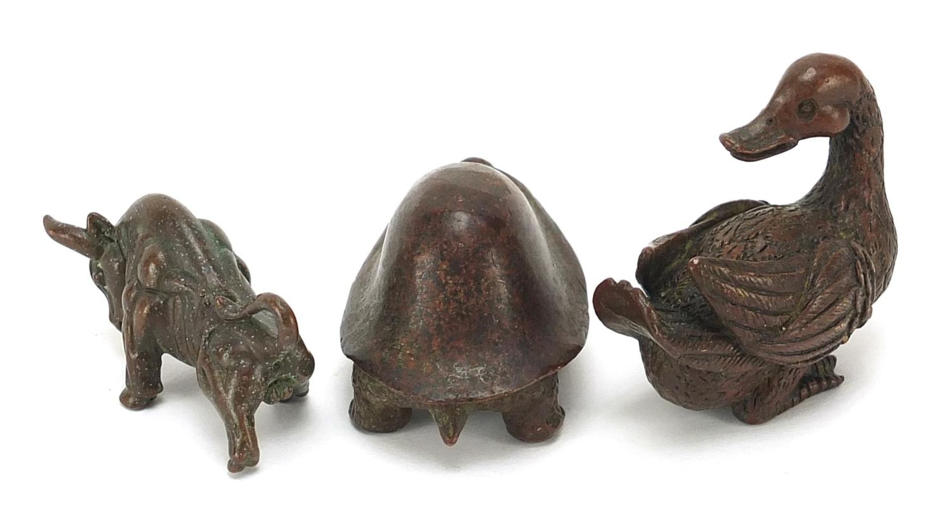 Three Japanese patinated bronze animals comprising duck, tortoise and bull, each with impressed - Image 2 of 4