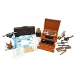Sundry items including a masonic sash with case, artist's box, large brass lens and vintage tools
