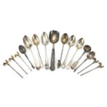 Antique and later silver spoons and a set of five cocktail sticks, various hallmarks, the largest