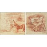 Figures on horseback and figures fighting, two sanguine chalks, one signed Forian, mounted and