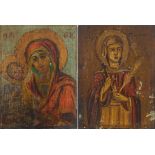 Two Antique Russian wooden Orthodox icons including one hand painted with Madonna and child, 16cm