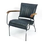 Industrial hardwood and leather design elbow chair, 75cm high