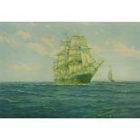 Montaque J Dawson - Tallship and boat on water, vintage pencil signed print in colour with Fine