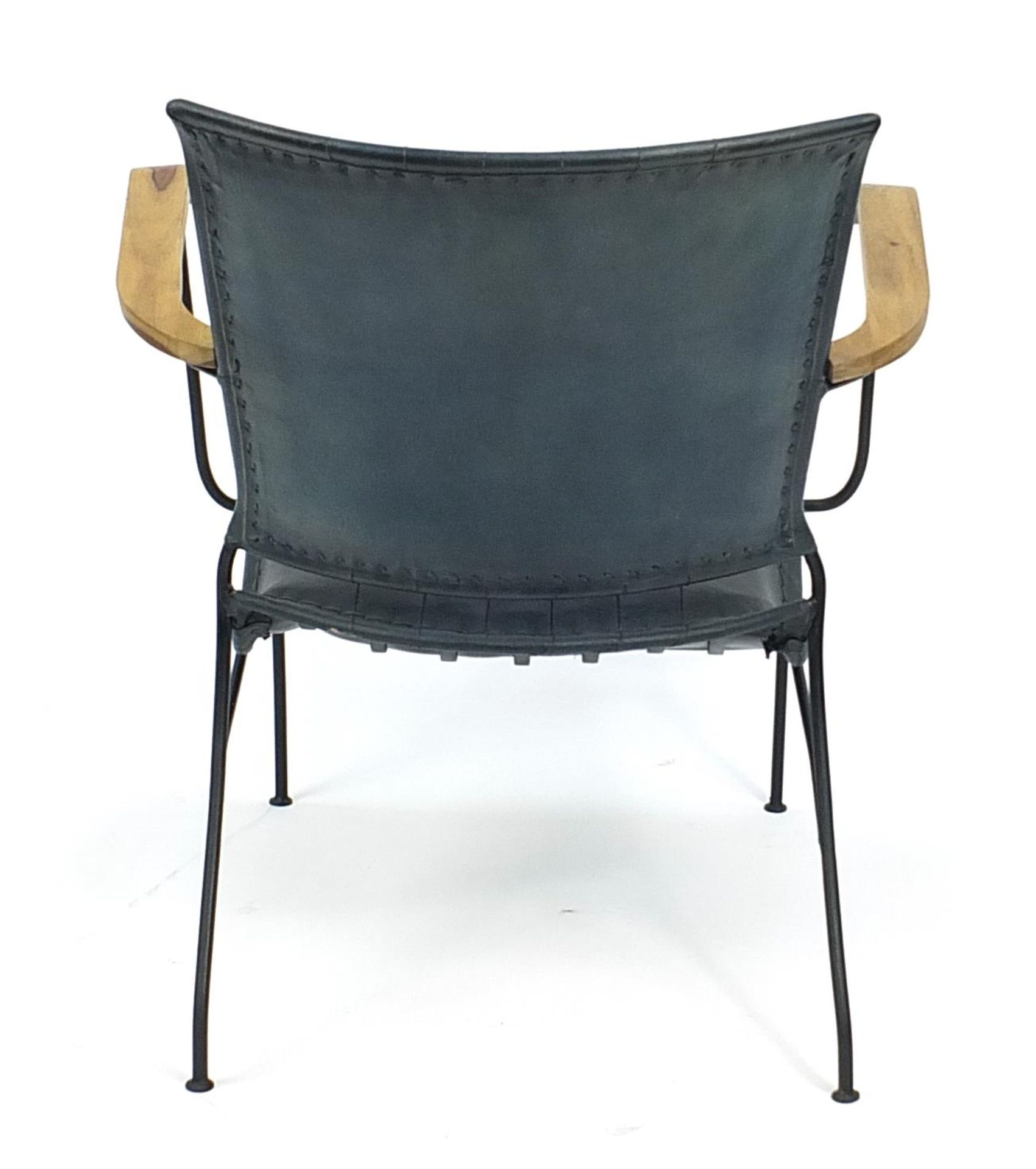 Industrial hardwood and leather design elbow chair, 75cm high - Image 3 of 3