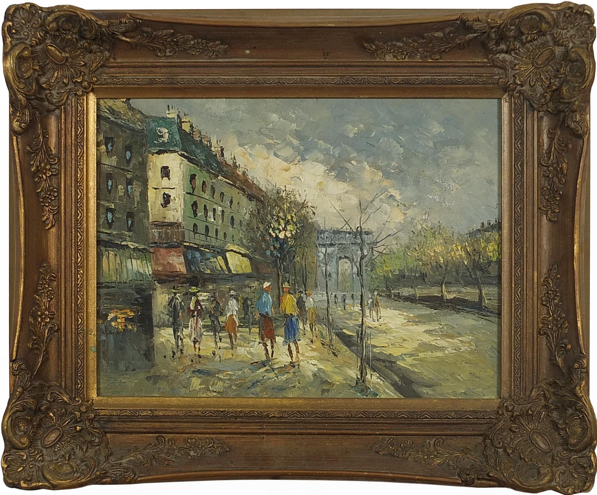 Parisian street scene with figures before the Arc de Triomphe, French Impressionist oil on canvas, - Image 2 of 3