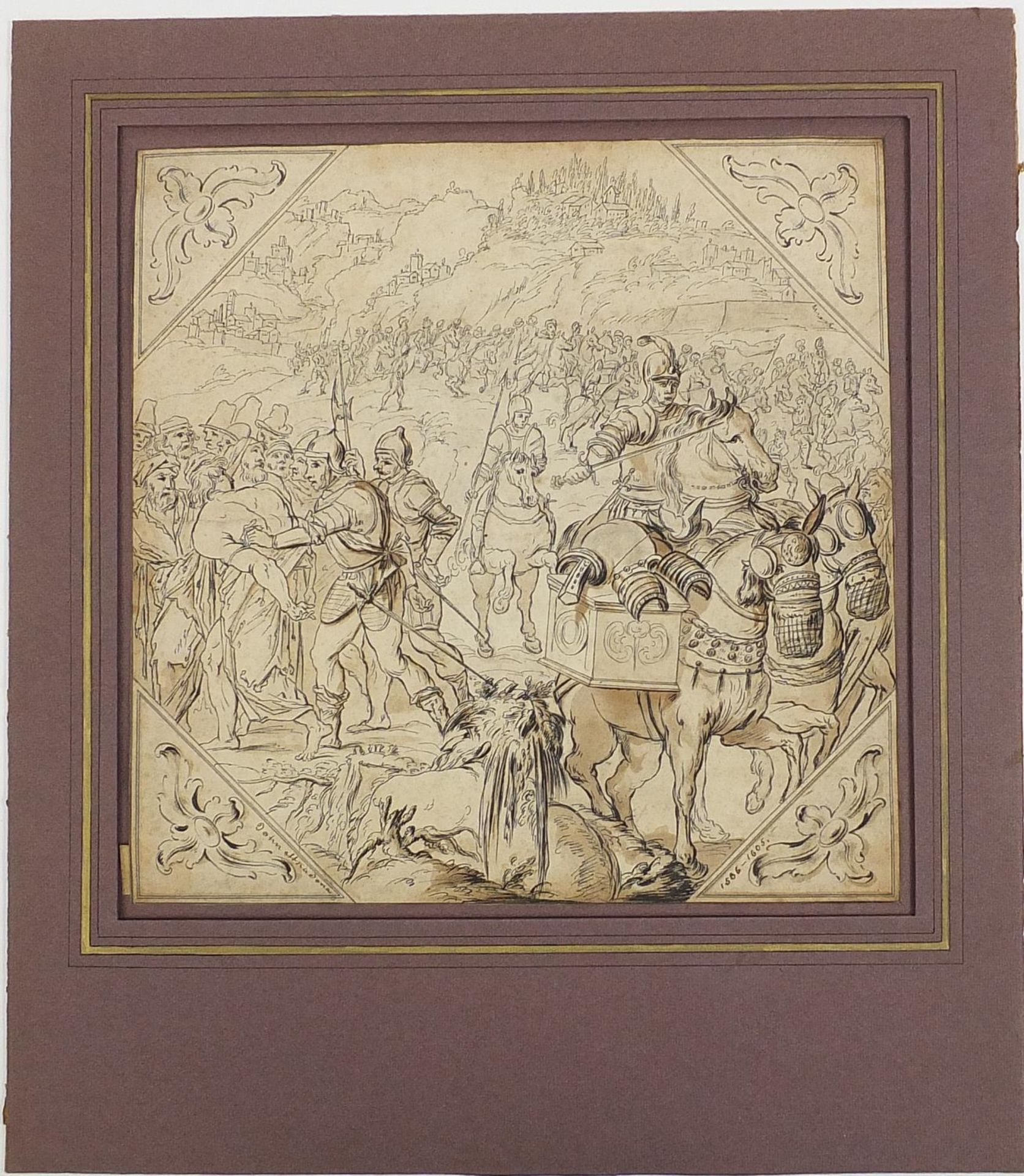 Manner of Jan van der Straet - Battle scene with figures on horseback wearing armour, antique - Image 4 of 6