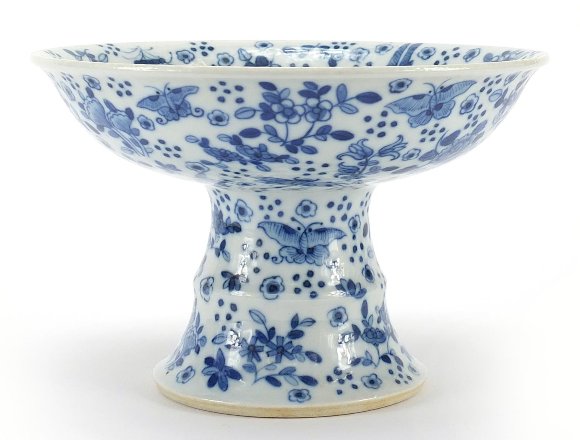 Chinese blue and white porcelain stem dish hand painted with flowers, 14cm high x 21cm in diameter - Image 2 of 4