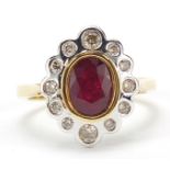 18ct gold ruby and diamond cluster ring, size M, 6.4g