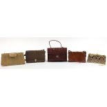 Vintage animal skin handbags including elephant hide, crocodile skin and snakeskin, the largest 31cm