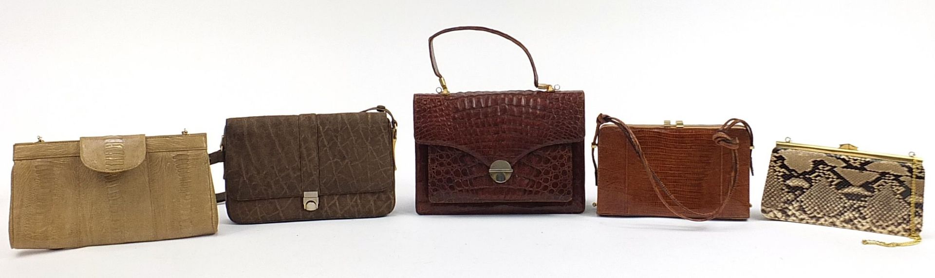 Vintage animal skin handbags including elephant hide, crocodile skin and snakeskin, the largest 31cm