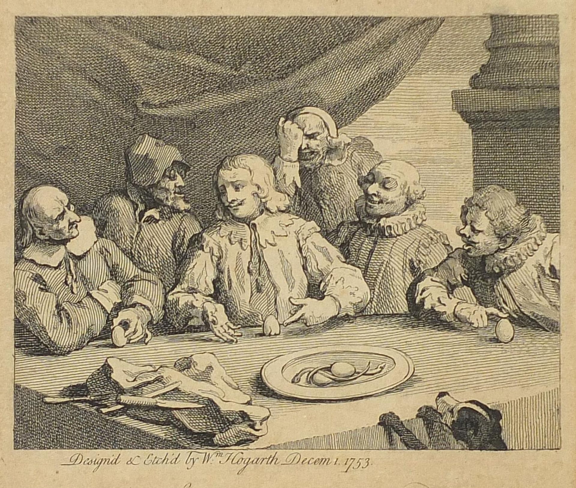 After William Hogarth - Columbus breaking the eggs, 18th century engraving, mounted, framed and
